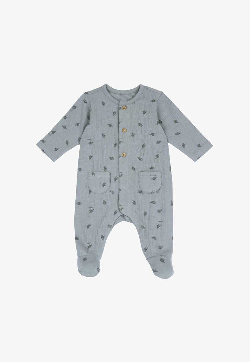 Romper en coton gris pour bébé avec des manches longues, des boutons sur le devant, deux poches et un petit motif de feuilles sur l'ensemble. Texture douce et design avec pieds.