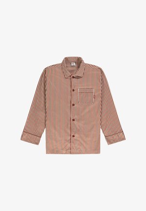 Csíkos hosszú ujjú ing krém és vörösesbarna árnyalatokban, gombos elülső résszel és egyetlen mellzsebbel. Sima szövettextúra.