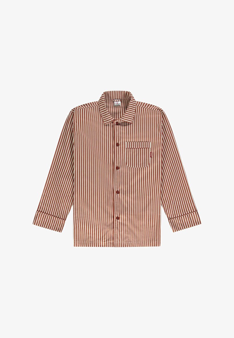 Prugasta majica s dugim rukavima u nijansama krema i rđe, s gumbima sprijeda i jednim džepom na prsima. Glatka tekstura tkanine.