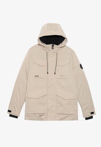 Giacca a vento beige con cappuccio, zip frontale, foderata di nero, due tasche sul petto, due grandi tasche inferiori e dettagli neri sui polsini.