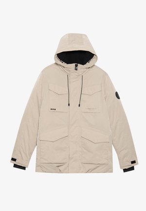 Beige hooded jacket with front zipper, black lining, two chest pockets, two large lower pockets, and black accents on cuffs.