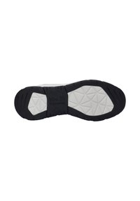 Schuhsohle aus schwarz-weißer Gummi mit einem strukturierten Griffmuster aus dreieckigen Formen. Mit Branding in der Mitte.