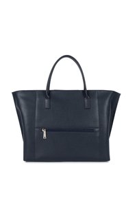 Sac fourre-tout en cuir navy avec deux poignées, forme rectangulaire, surface texturée, poche zippée à l'avant et détails en panneau.