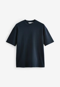 Donker marineblauwe katoenen t-shirt met korte mouwen, een ronde hals en een relaxte pasvorm. Gladde textuur, geen patronen of versieringen.