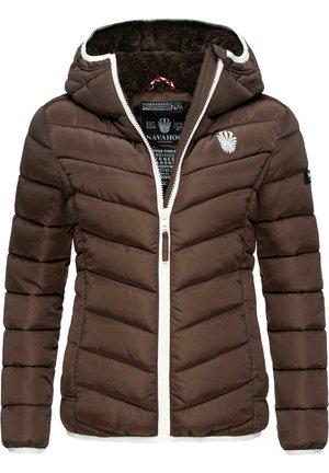 Brown padded jacket with a zip closure, white accents, and a hood. Features vertical quilted sections and a logo on the chest.