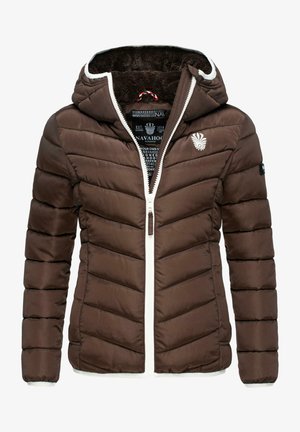 Brown padded jacket with a zip closure, white accents, and a hood. Features vertical quilted sections and a logo on the chest.