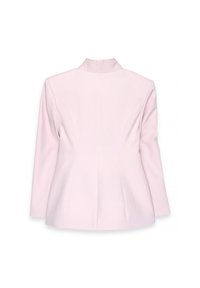 Gaiši rozā sieviešu bleizeris ar garām piedurknēm un pielāgotām šuvēm, parādīts no aizmugures uz baltas fona.