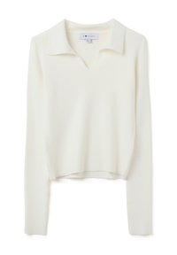 Maglione a maniche lunghe bianco in maglia a coste con colletto aperto e scollatura a V, orlo cropped e etichetta con la scritta "B Angel" all'interno del collo.