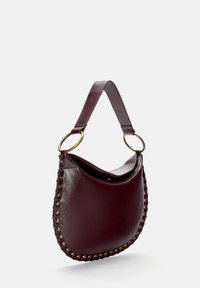 Burgundy leather shoulder bag with a curved shape, gold-tone hardware, and decorative stitching along the edge. Smooth texture.