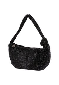 Borsa nera di perline con manico a nodo, dotata di un interno in tessuto liscio e di una forma arrotondata. Chiusura con un piccolo logo.