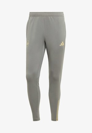 Gray athletic pants made of smooth fabric, featuring a gold Arsenal logo and gold striped accents on the lower leg. Stretch fit with elastic waist.