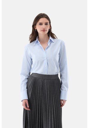Donna che indossa una camicia azzurra a righe con bottoni e una gonna plissettata grigio scuro, in piedi davanti a uno sfondo chiaro uniforme.