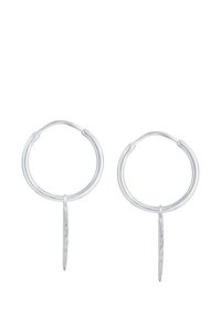 Sølv hoop øreringe med en tekstureret vedhæng. Hoopsene er runde og glatte, mens vedhænget har en mønstret overflade.