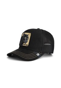 Black baseball cap with a suede front, mesh back, and an embroidered panther on a beige patch. Features contrasting yellow stitching.