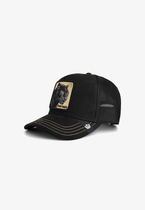 Sort baseball cap med en ruskindsfront, mesh-bag og en broderet panter på en beige lap. Har kontrasterende gul syning.