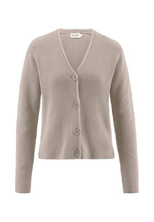 Beige gestrickte V-Ausschnitt-Strickjacke mit langen Ärmeln und vier vorderen Knöpfen, mit einem gerippten Muster und einem leicht verkürzten Schnitt.
