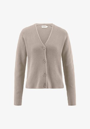 Beige gestrickte V-Ausschnitt-Strickjacke mit langen Ärmeln und vier vorderen Knöpfen, mit einem gerippten Muster und einem leicht verkürzten Schnitt.