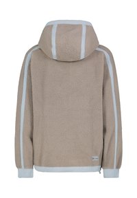 Beige fleecetrui met een gestructureerd oppervlak, met een capuchon, blauwe accentstrepen langs de mouwen en elastische manchetten en zoom.