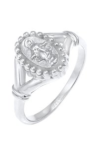 Bague en argent avec un médaillon ovale présentant un dessin en relief d'un oiseau, entouré de petits détails en forme de perles sur l'anneau.