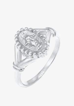 Silberner Ring mit einem ovalen Medaillon, das ein erhabenes Vogel-Design zeigt, umgeben von kleinen perlenartigen Details am Ringband.