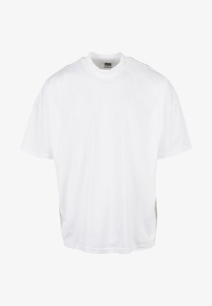 Camiseta de algodón blanca con un corte relajado, mangas cortas y cuello redondo, que presenta un dobladillo recto y sin gráficos ni patrones visibles.