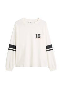 Weißes Langarm-Sweatshirt mit der schwarzen Zahl "15" auf der Brust, versehen mit schwarzen Streifen an den Ärmeln und einem lockeren Schnitt.