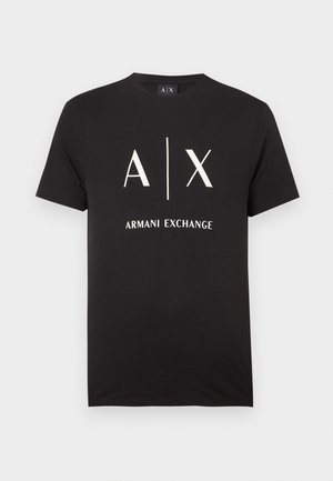 Tricou negru din bumbac cu inițialele "A|X" și textul "ARMANI EXCHANGE" imprimate în alb. Design cu guler rotund și mâneci scurte.