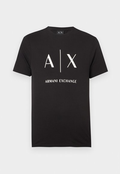 T-shirt en coton noir avec les initiales "A|X" et "ARMANI EXCHANGE" imprimées en blanc. Col rond avec manches courtes.