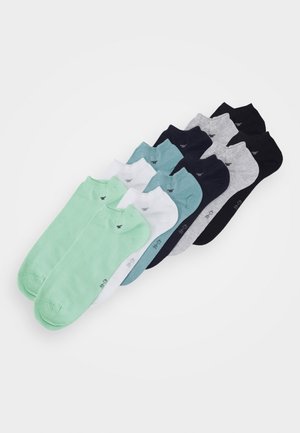 Set aus acht Knöchelsocken in verschiedenen Farben: mintgrün, weiß, hellblau, grau, dunkelblau, schwarz. Baumwollmischung mit elastischen Bündchen.