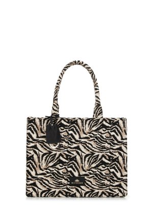 Zwart en beige zebra-geconfigureerde totebag met twee handvatten, textiel stof en een klein zwart labeldetail. Logo op de voorkant weergegeven.