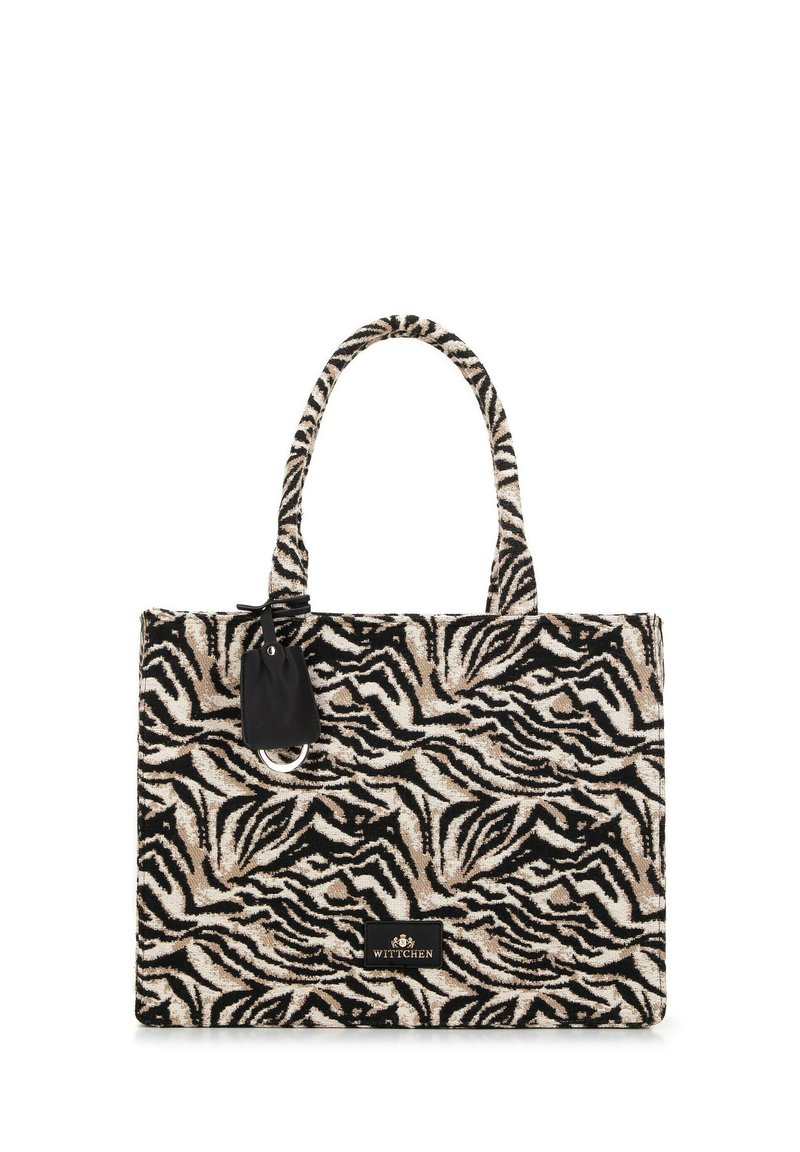 Borsa a spalla con motivo zebra nera e beige, dotata di due manici, in tessuto testurizzato e con un piccolo dettaglio di etichetta nera. Logo visibile sul davanti.