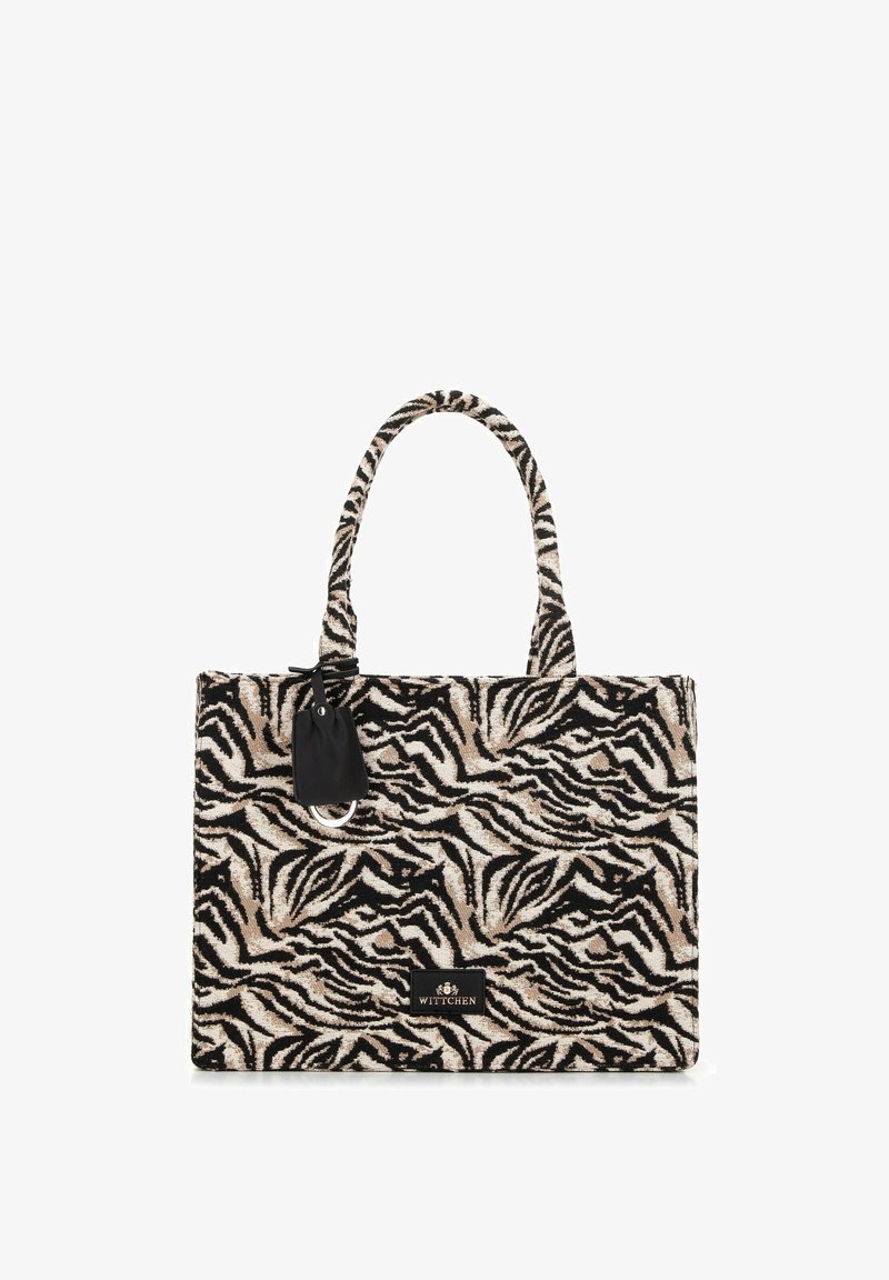 Borsa a spalla con motivo zebra nera e beige, dotata di due manici, in tessuto testurizzato e con un piccolo dettaglio di etichetta nera. Logo visibile sul davanti.