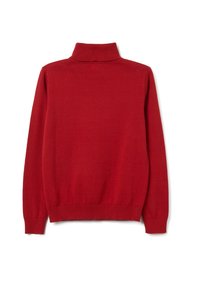 Roter Rollkragenpullover aus weichem Strickstoff. Mit geripptem Kragen und Saum, langen Ärmeln und figurbetontem Schnitt.