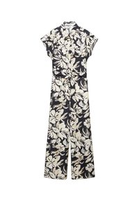 Combinaison noire à manches courtes, col, boutonnée sur le devant, avec un motif floral beige, ceinturée à la taille et pantalon à jambes larges.