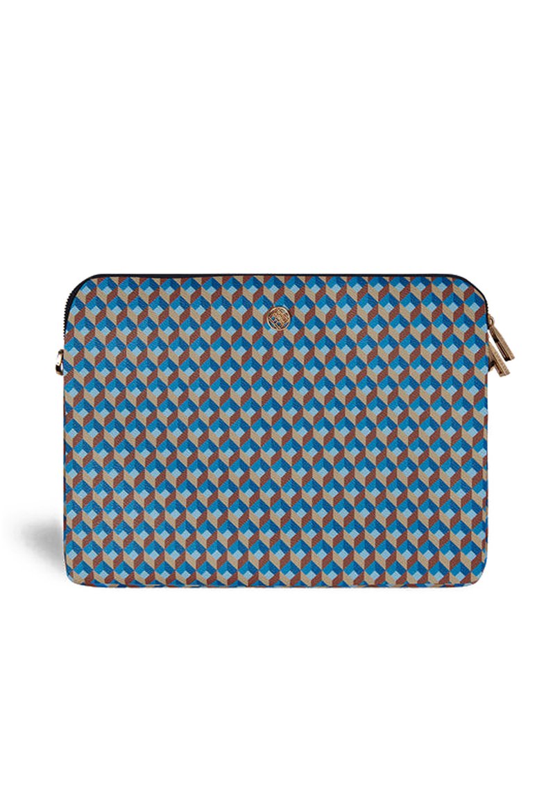 Laptop sleeve featuring a geometric pattern in blue, brown, and beige. Smooth texture, zip closure, and a subtle logo detail on the front.