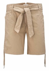 Beżowe szorty wykonane z lekkiego materiału, z paskiem do wiązania, bocznymi kieszeniami oraz ozdobnymi ściągaczami po bokach z metalowymi elementami.