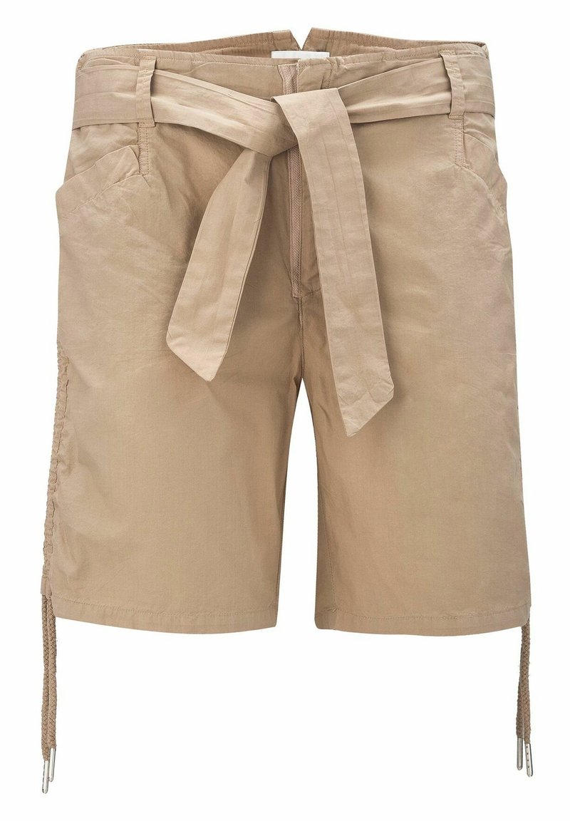 Beżowe szorty wykonane z lekkiego materiału, z paskiem do wiązania, bocznymi kieszeniami oraz ozdobnymi ściągaczami po bokach z metalowymi elementami.