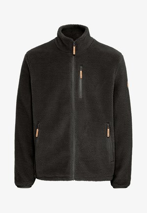 Giacca in fleece grigio scuro, con colletto alto, cerniera frontale e due tasche laterali con zip decorate con dettagli in legno. Tessuto morbido e texturizzato.