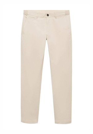 Beige chinos with a slim fit design, featuring front pockets, a single back pocket, and a button closure at the waist. Smooth texture.