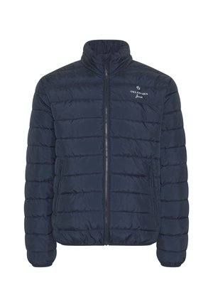 Navy puffer jacket with zip closure, high collar, and two side pockets. Features quilted design with horizontal stitching and logo detail.