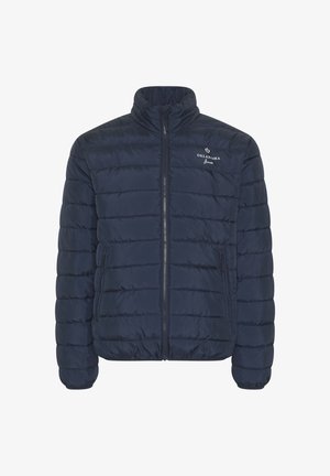 Navy puffer jacket with zip closure, high collar, and two side pockets. Features quilted design with horizontal stitching and logo detail.