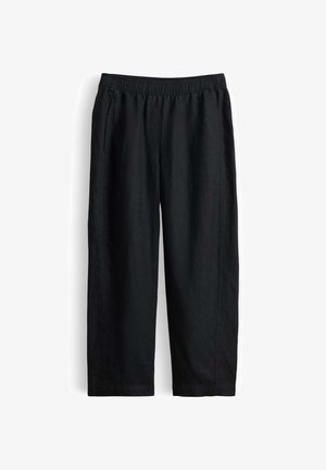 Zwarte linnenbroek met elastische taille, rechte pijpen en zijzakken, getoond tegen een witte achtergrond.