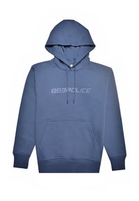 Blå hettegenser i bomull med frontlomme, snøring i hetten og "883POLICE"-logo på brystet i en kontrastfarge.