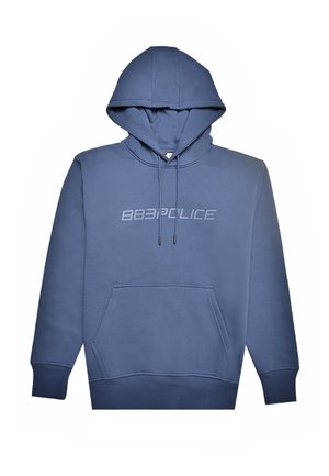 Blå hettegenser i bomull med frontlomme, snøring i hetten og "883POLICE"-logo på brystet i en kontrastfarge.