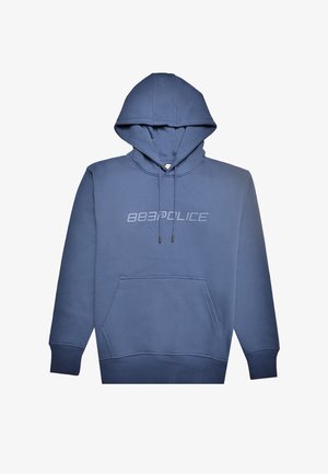 Kék kapucnis pulóver pamutból, elülső zsebbel, húzózsinóros kapucnival és a mellrészen kontrasztos színű "883POLICE" logóval.