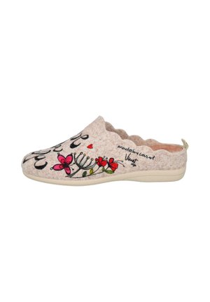 Zapatilla deslizante beige con bordes ondulados, que presenta un bordado floral colorido y texto en cursiva en el lateral y la parte superior.