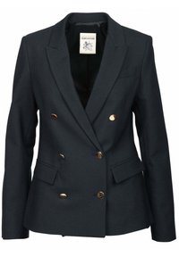 Blazer doppiopetto blu scuro realizzato in tessuto strutturato, con bottoni in tonalità oro, due tasche frontali e un design con rever a scollatura.