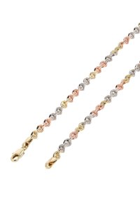 Metallkæde med skiftevis links i guld, sølv og rosaguld, med lobsterlås i begge ender. Glat finish og sammenkoblet design.
