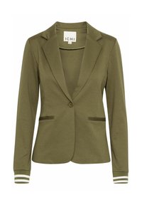 Blazer vert olive à texture lisse, fermeture par un seul bouton, deux poches avant avec accents noirs, et poignets rayés.