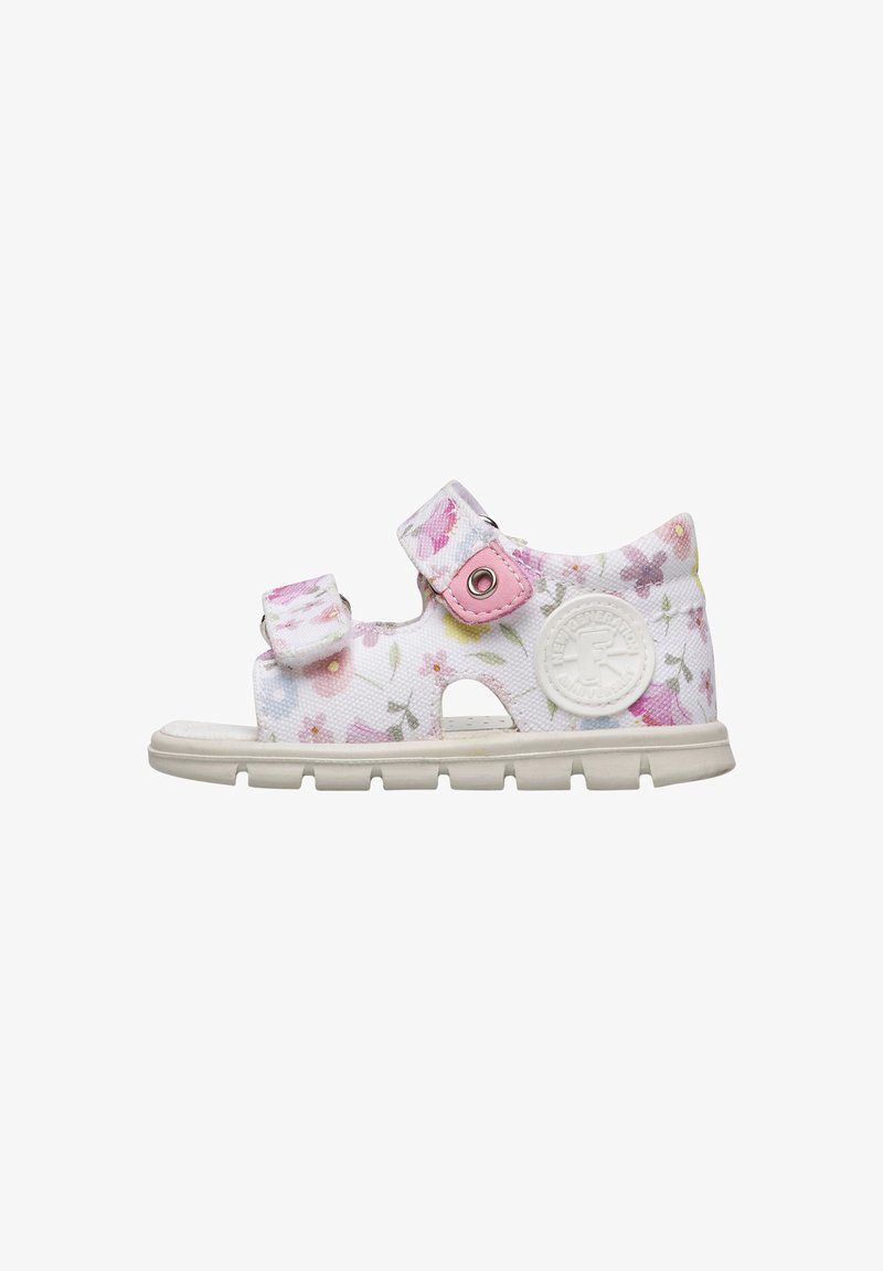 Hvid sandal til småbørn med pink blomsterprint, to justerbare remme, polstret sål og en rund logopatch på siden.